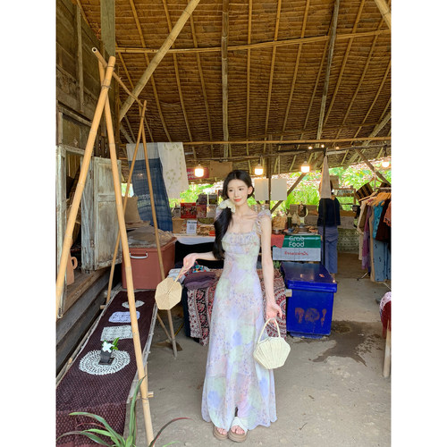 一颗甜桃yikett《昭花仲夏日》夏季印花吊带连衣裙女长裙连身裙 - 图3