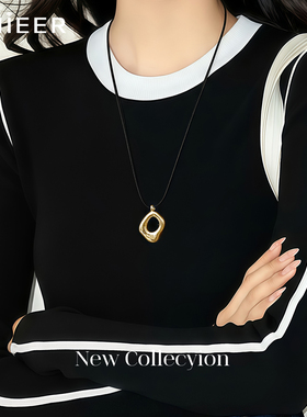 几何吊坠黑绳项链女长款毛衣链