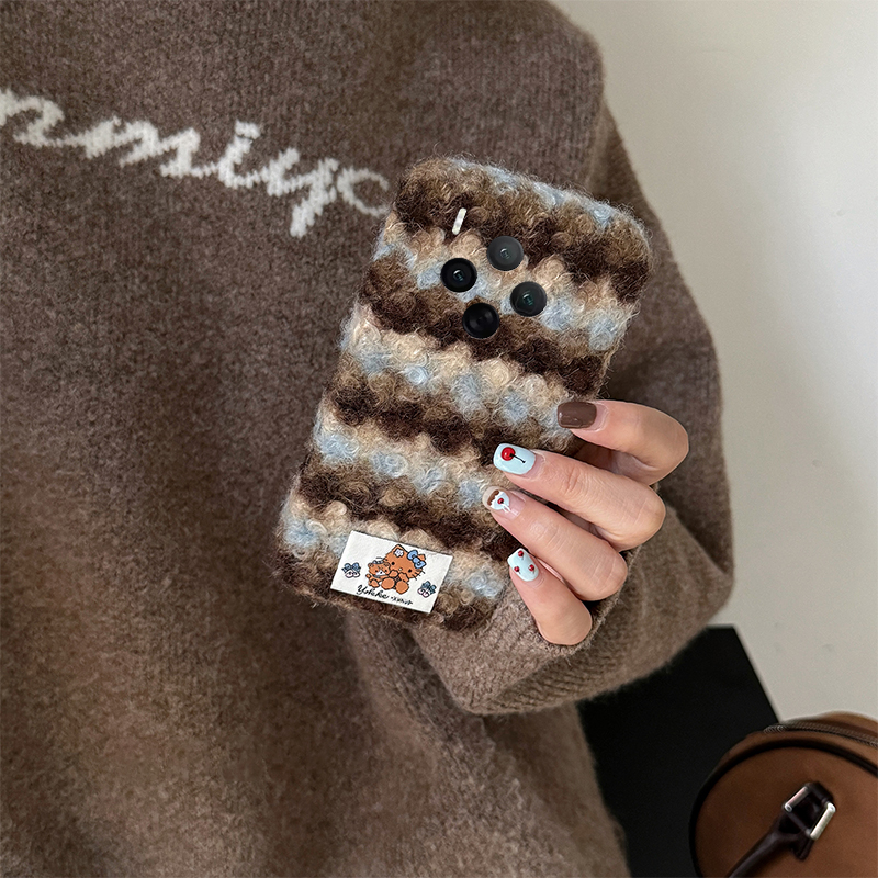 秋冬蓝棕条纹适用vivox300pro手机壳x200ultra毛绒kt猫x100spro贴纸x90s可爱x9plus凯蒂猫x21i绒布x60女vivo - 图1