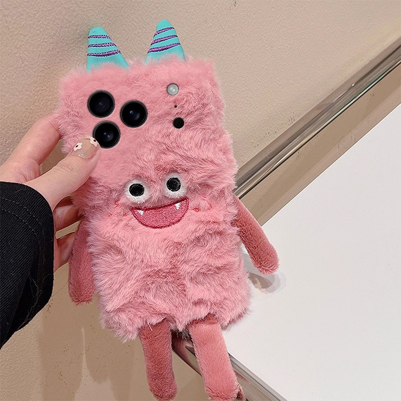 毛绒刺绣小怪兽适用苹果17手机壳三星s25秋冬opporeno14毛茸茸vivox200华为pura80卡通mate70荣耀400小米17女 - 图3