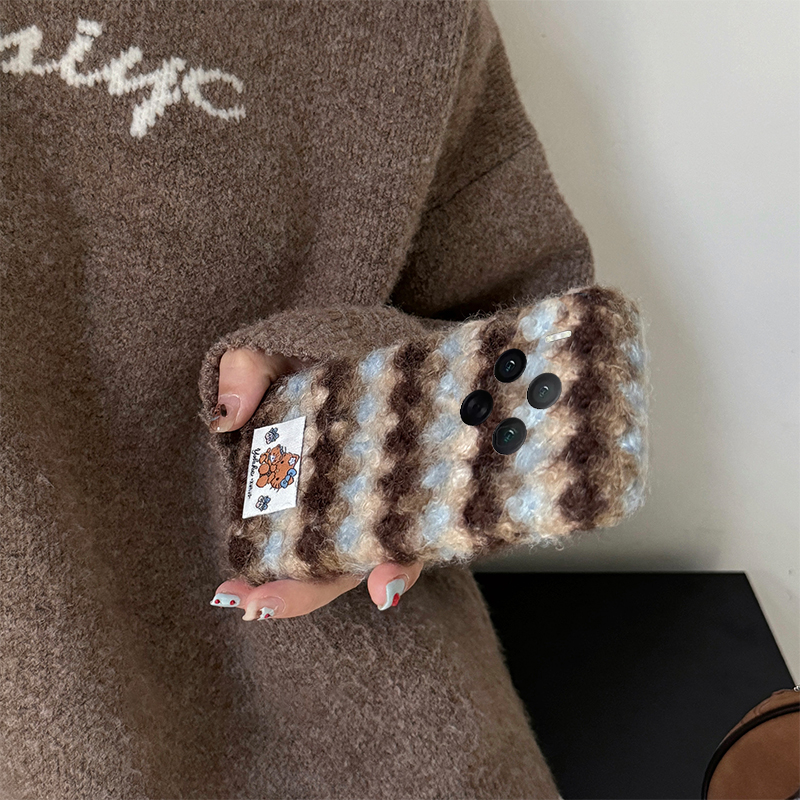 秋冬蓝棕条纹适用vivox300pro手机壳x200ultra毛绒kt猫x100spro贴纸x90s可爱x9plus凯蒂猫x21i绒布x60女vivo - 图2