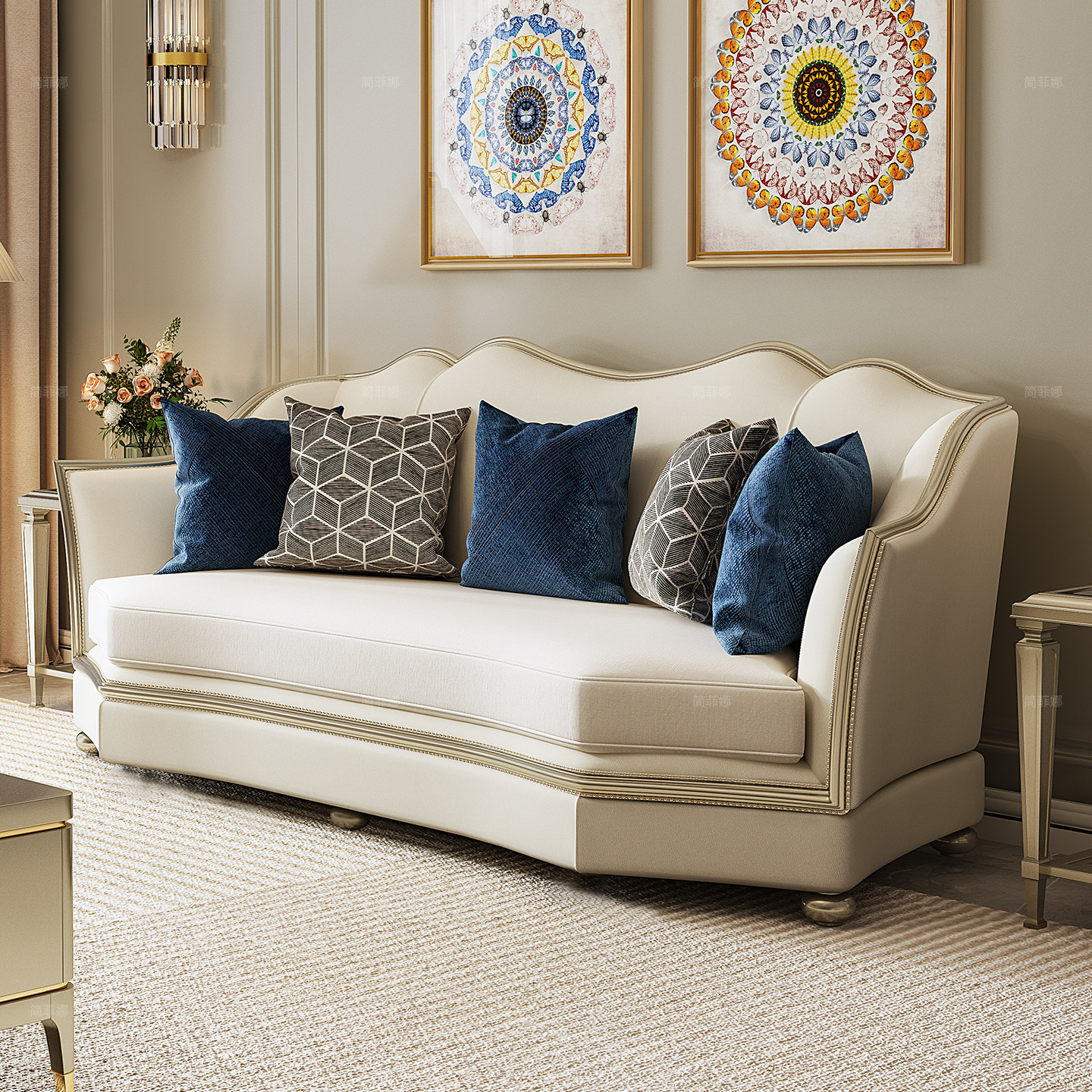 简菲娜轻奢美式爱丽丝花瓣皮布沙发真皮沙发组合高档别墅客厅沙发,淘宝优惠券,粉丝福利购,淘宝优惠卷