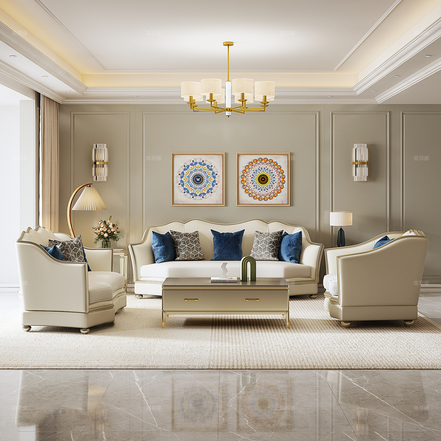 简菲娜轻奢美式爱丽丝花瓣皮布沙发真皮沙发组合高档别墅客厅沙发,淘宝优惠券,粉丝福利购,淘宝优惠卷