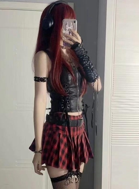 嘻哈机能风哥特甜酷女皮革手环手镯臂环臂圈复古朋克风双杠大队长