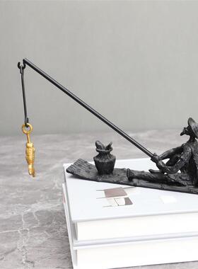 新中式黑色铸铁钓鱼人摆件样板间客厅餐厅电视柜桌面家居软装饰品