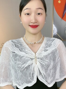 (带胸针）春夏季空调针织镂空披肩外搭可穿时尚袖套薄款护颈显瘦