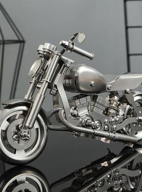 不锈钢哈雷摩托车吉普老爷车金属模型创意工业风合金轻奢银色摆件