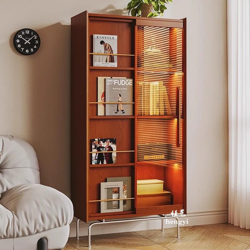 覆古实木书柜书房杂志柜收纳柜家用客厅玻璃门书架展示柜沙边边柜 - 图1