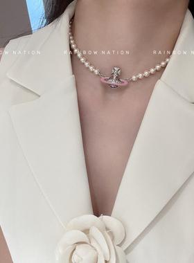 高品质粉珐琅珍珠土星珍珠项链