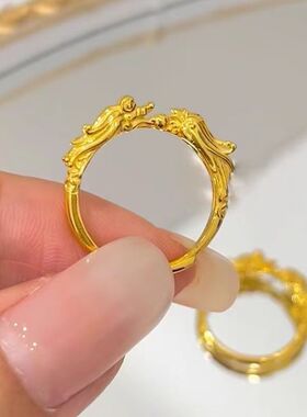 古法金錾刻龙凤呈祥戒指男女国潮本命年龙年转运珠黄金指环送礼物