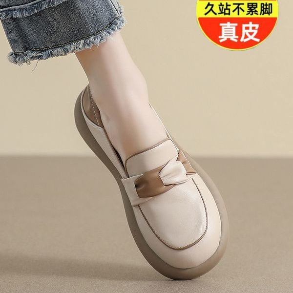 薏尔康真皮乐福鞋女2024夏新款平底休闲小皮鞋孕妇软底一脚蹬单鞋 - 图0