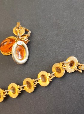 Vintage  Weiss黄色云纹琉璃手链耳夹套装