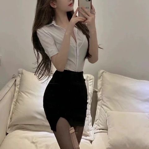 纯欲风紧身衬衫女性感OL通勤成熟御姐风女装套装夏季半身裙两件套 - 图0