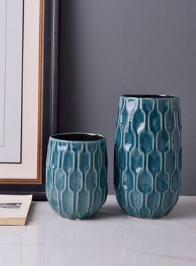 美式复古花园做旧灰蓝色陶瓷花瓶花器家居装饰摆件摆设远山三件套