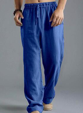 Plus Size Men Cotton Linen Long Pants Elastic Waist Loose St