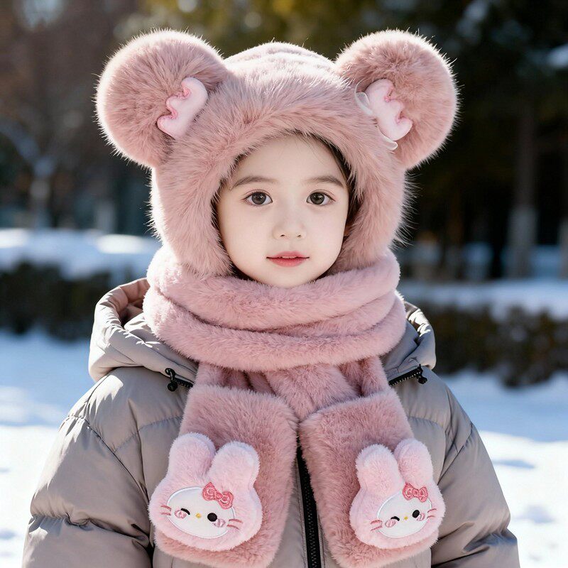 儿童帽子冬季加厚保暖宝宝毛绒帽女童帽子围巾手套一体男孩护耳帽,淘宝优惠券,粉丝福利购,淘宝优惠卷