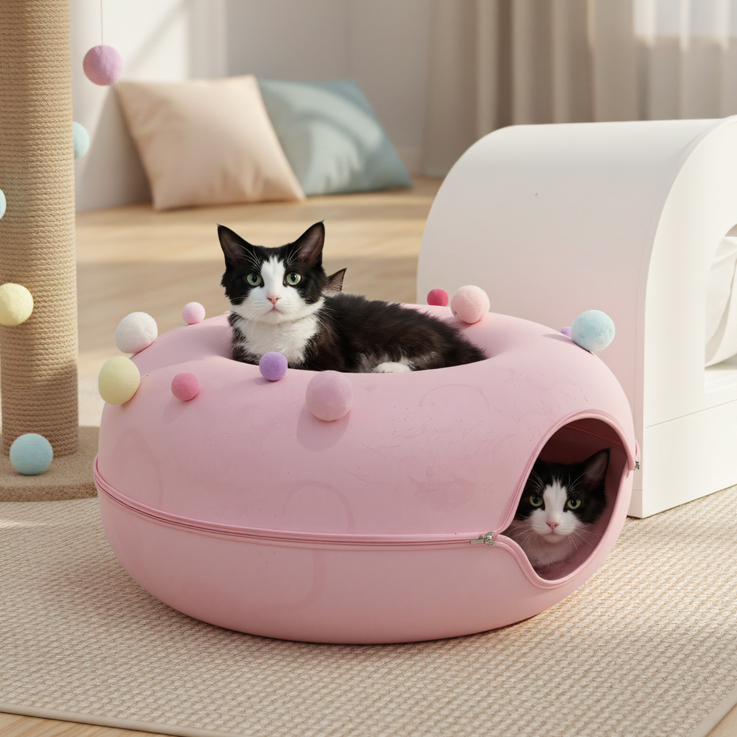 Roshin粉色猫窝毛毡猫咪隧道猫玩具甜甜圈猫窝德文猫甜甜圈猫窝,淘宝优惠券,粉丝福利购,淘宝优惠卷