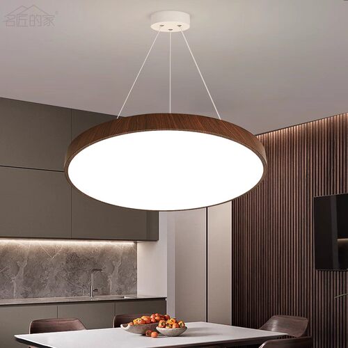 餐厅吊灯中古风胡桃木色圆形简约现代卧室新中式led客厅复古灯具 - 图1