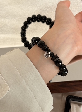 【灵花】原创天然黑曜石复古花百搭手串时尚个性设计感手饰礼物