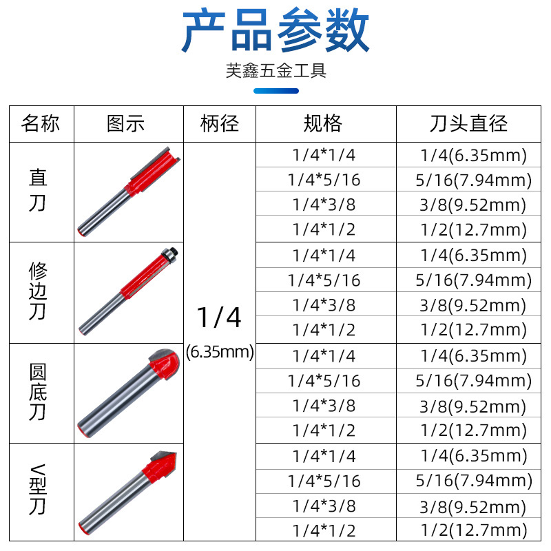 倒角木工立铣刀小修边机用面铣刀修边刀直刀V型刀圆底刀木工工具