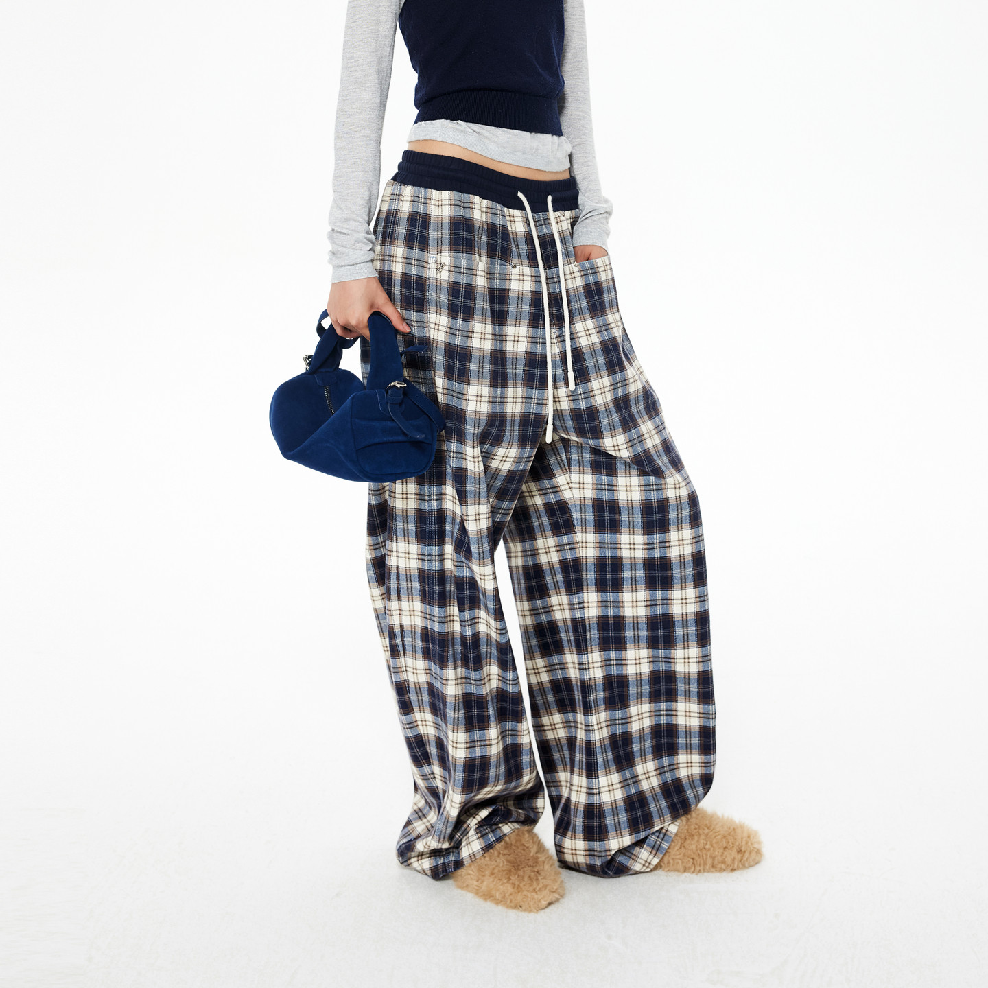 【baby同款】REVAN芮范2025冬季新品季抽绳格纹阔腿裤RL91302080 - 图0