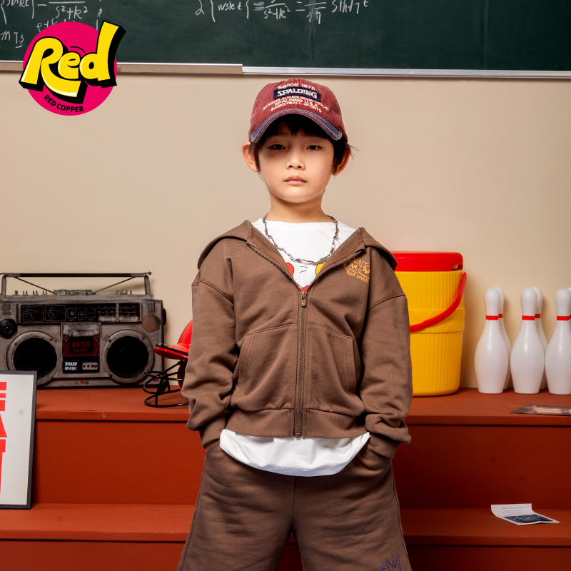 redcopper儿童2024秋冬新款儿童休闲上衣男童手绘印花连帽卫衣潮