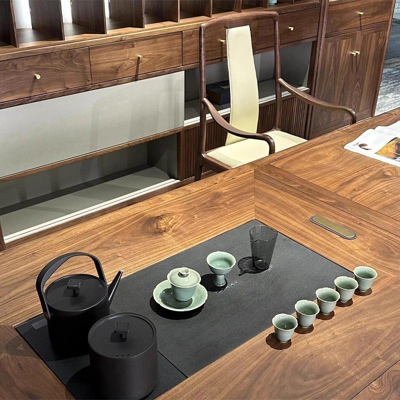 北美黑胡桃木新中式茶桌椅现代轻奢高级感实木茶台办公茶室大办桌,淘宝优惠券,粉丝福利购,淘宝优惠卷