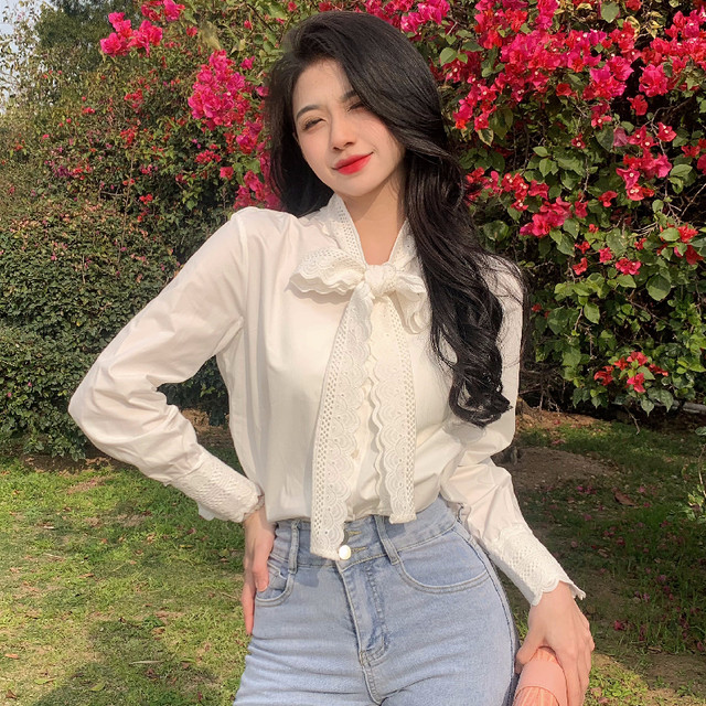 New white French bow chic shirt high-end versatile design niche long-sleeved shirt tops ins
