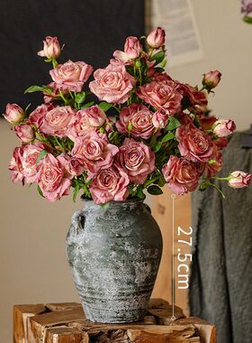 法式焦边玫瑰花假花复古客厅餐桌仿真花装饰干花摆件绢花插花摆设