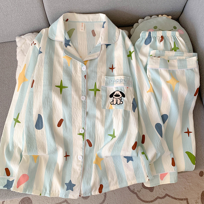 云朵棉蓝条纹大鼻狗睡衣女春秋季长袖长裤套装卡通甜美可爱家居服,淘宝优惠券,粉丝福利购,淘宝优惠卷