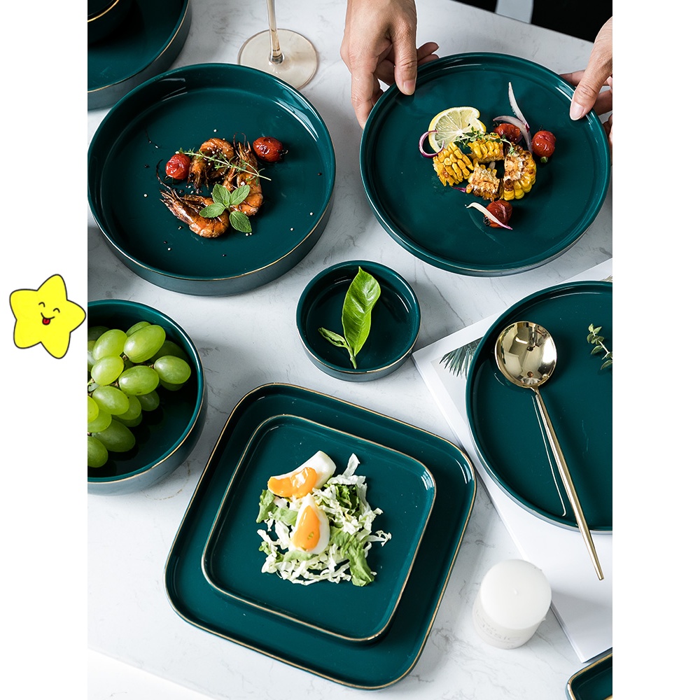 北欧轻奢碗碟套装家用网红祖母绿创意个性饭碗陶瓷碗盘子餐具套装-图0