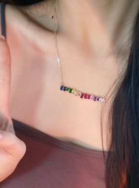 遇见彩虹ins一字钻石项链女