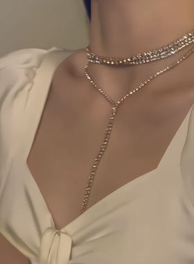 共赴晚宴！欧美奢华风超闪满钻长流苏项链女高级感设计锁骨链女