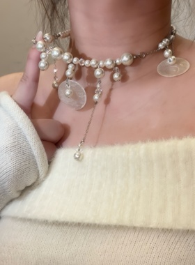 白日梦！法式复古贝壳珍珠流苏项链女超仙气质海边度假锁骨链配饰
