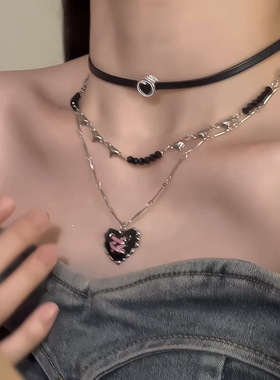 甜美辣妹叠戴项链皮质合金女