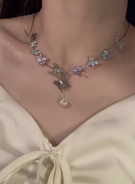 冰透紫蝶！仙气流苏项链女小众设计高颜值手工串珠颈链锁骨链潮