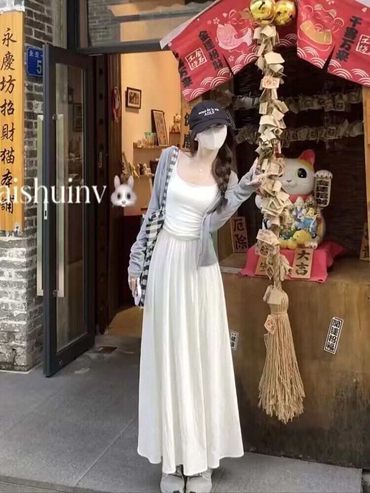 李李的奇妙屋套装女春夏胖mm白色吊带背心上衣半身裙显瘦遮肉三件