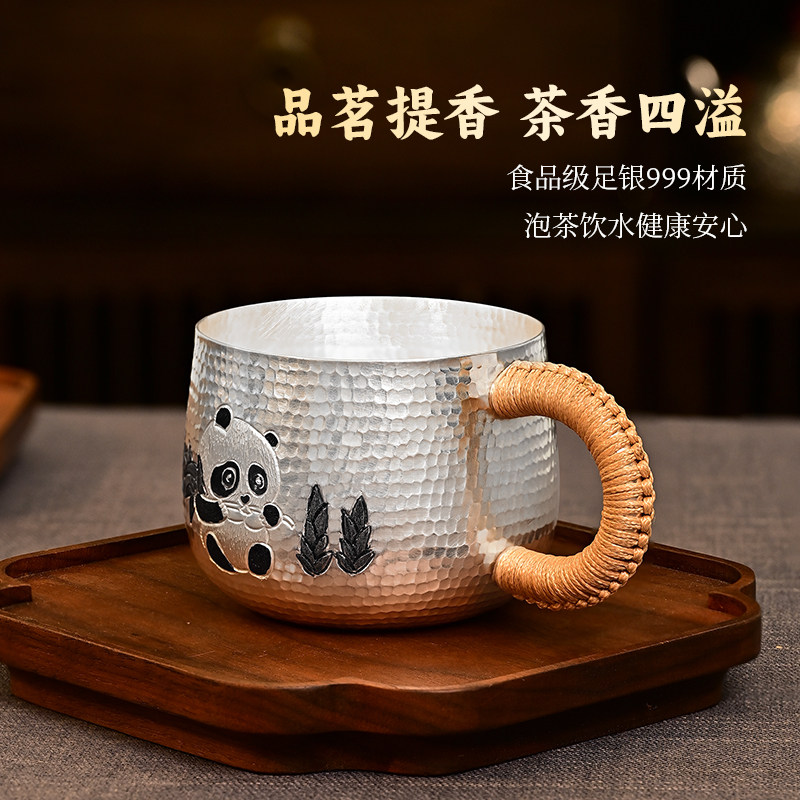 银千造 熊猫茶杯足银手工银杯子把手马克杯手工锤纹银口杯牛奶杯,淘宝优惠券,粉丝福利购,淘宝优惠卷