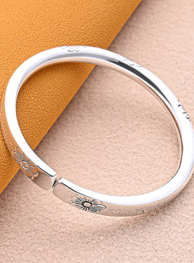 雏菊花银手镯女足银999纯银民族风手工錾刻嵌铜亮面开口银镯子