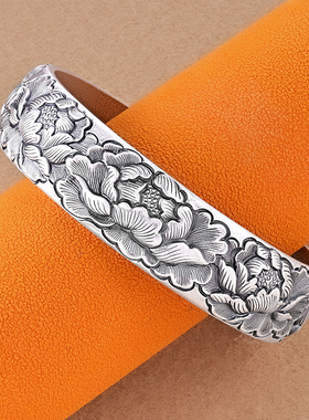 银千造 牡丹花 足银999手工开口宽面银手镯妈妈款传承国风银镯子