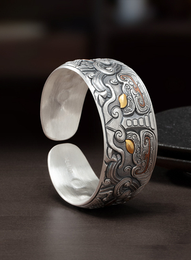 兽面饕餮纹足银999手镯纯手工镶嵌足金 镶嵌铜复古民族风宽面手环