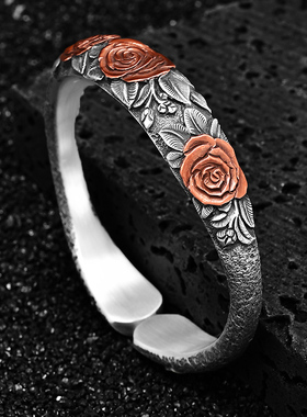 玫瑰之约足银999手镯女士手工錾刻镶金民族风国潮实心开口纯银镯