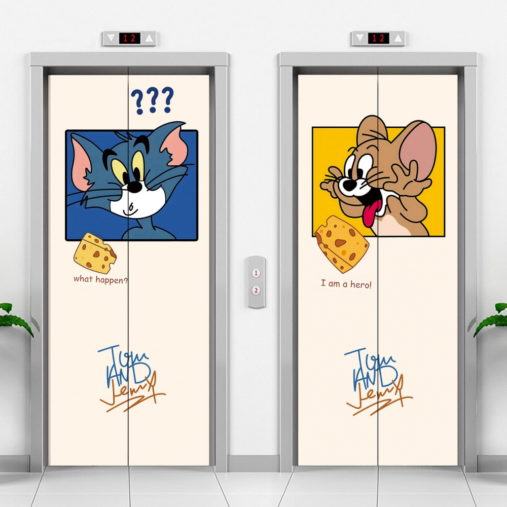 猫和老鼠电梯门贴纸入户门口装饰贴画一梯一户布置创意卡通高级感 - 图1