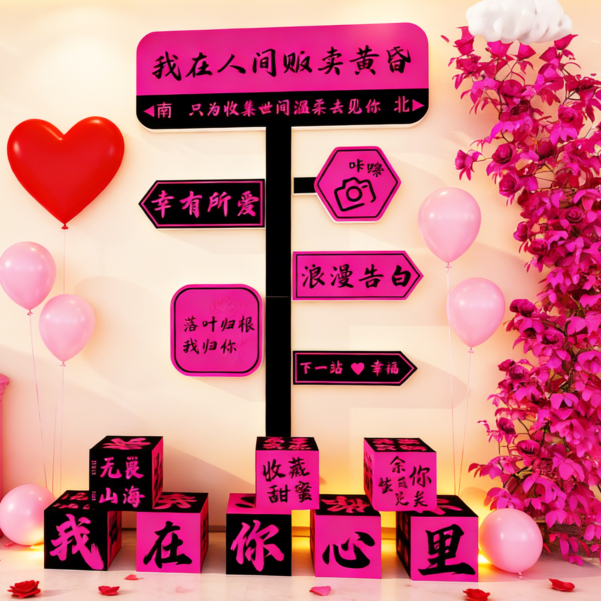 情人节氛围布置网红打卡背景墙装饰拍照区奶茶花店商场形象墙贴纸,淘宝优惠券,粉丝福利购,淘宝优惠卷
