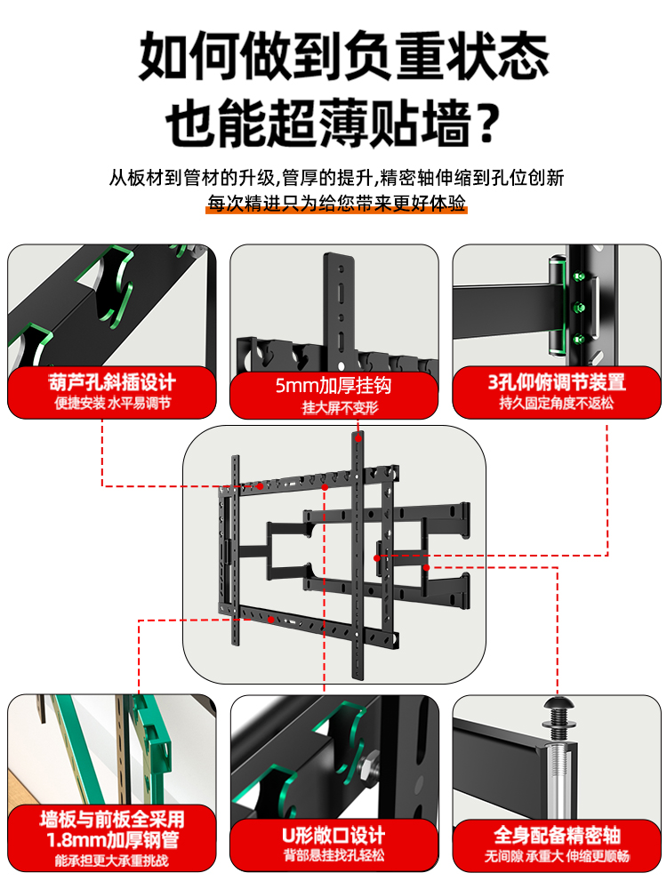 通用65、75、85寸电视机壁挂伸缩摇摆挂架全屋定制内嵌于三星Q60Z - 图2