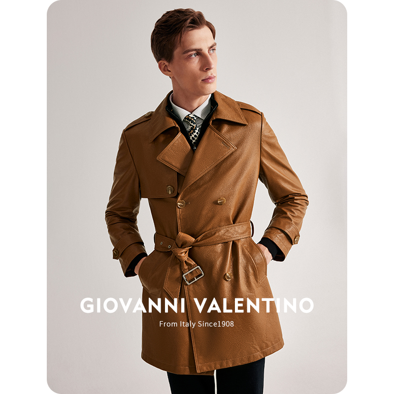 GIOVANNI VALENTINO秋冬季新款2024真皮皮衣外套男牛皮中长款风衣 - 图0