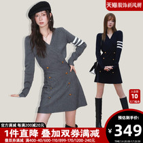 BANANA CICI2023 Year Winters new retro double-row buckle College Wind collection waist A character V neckline dress