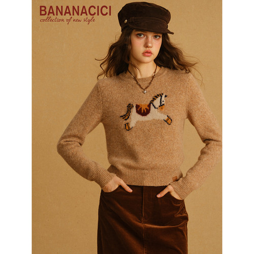 BANANA CICI2025年秋冬新款小马刺绣圆领毛衣针织衫/灯芯绒半裙 - 图3