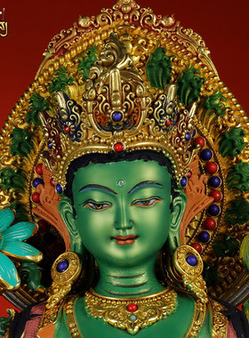 藏式7寸彩绘绿度母铜器雕像摆件