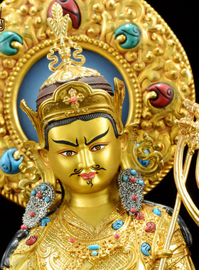 藏式鎏金莲师铜器摆件带背光铜像